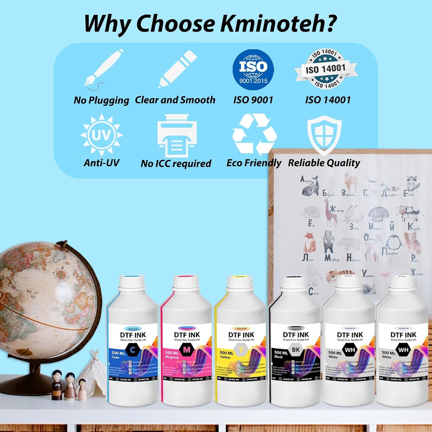 DTF Ink - 3000ML DTF Transfer Ink for PET Film, Premium Pigment Ink Refill for P600 P800 DX5 DX7 R1390 XP600 I3200 4720 5113 Printers, High Fluidity & Coverage (500ML*6, 2W+BKCMY)