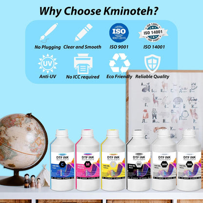 DTF Ink - 3000ML DTF Transfer Ink for PET Film, Premium Pigment Ink Refill for P600 P800 DX5 DX7 R1390 XP600 I3200 4720 5113 Printers, High Fluidity & Coverage (500ML*6, 2W+BKCMY)