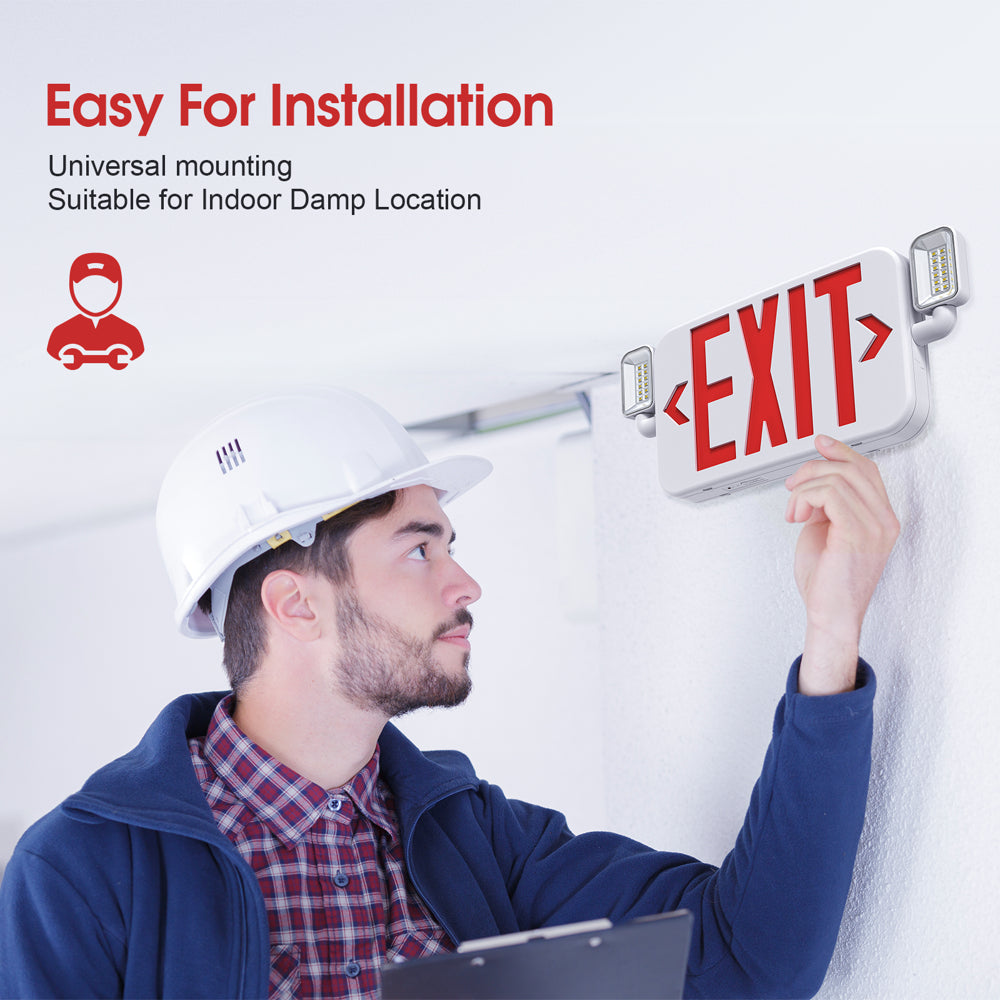 Led Combo Emergency Exit Sign Light with Two Adjustable Head Backup Battery,Us Standard Red Letter Commercial,Ul 924,AC120/277V(1 Pack)
