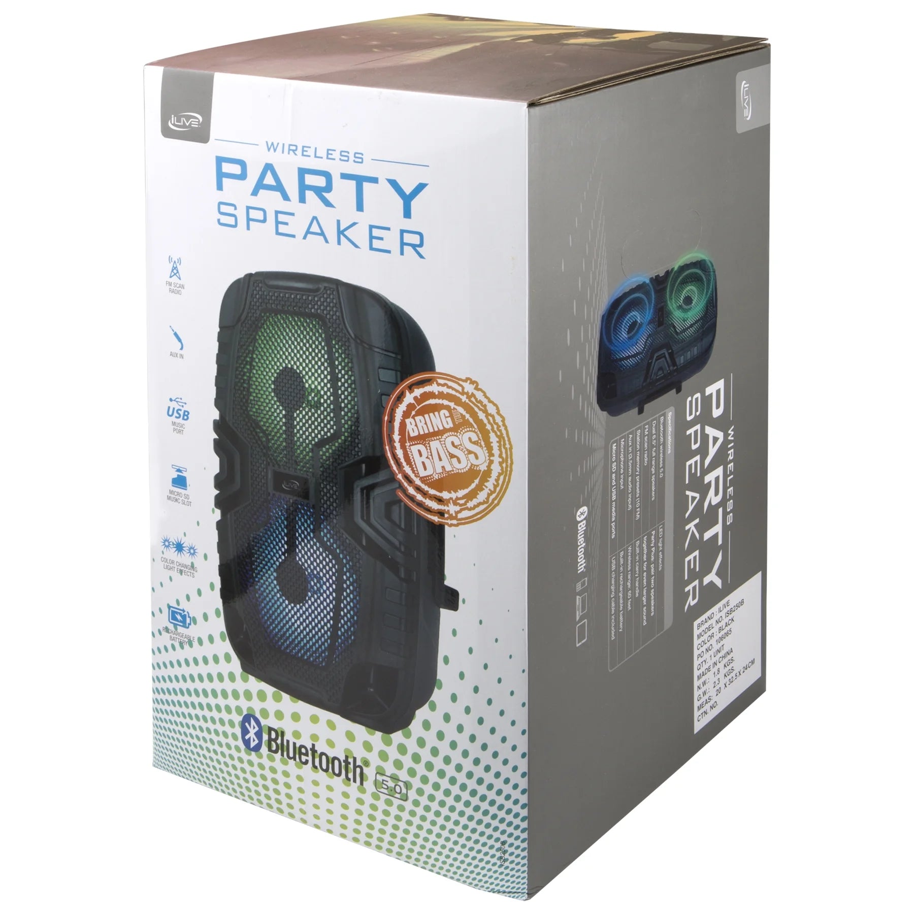 Wireless Tailgate Party Speaker, ISB250B, Black