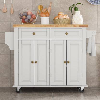 Rolling Kitchen Island, Kitchen Cart with Rubber Wood Countertop, Lockable Casters, Adjustable Shelves, Matte(White-43.3"X17.7"X32.5")