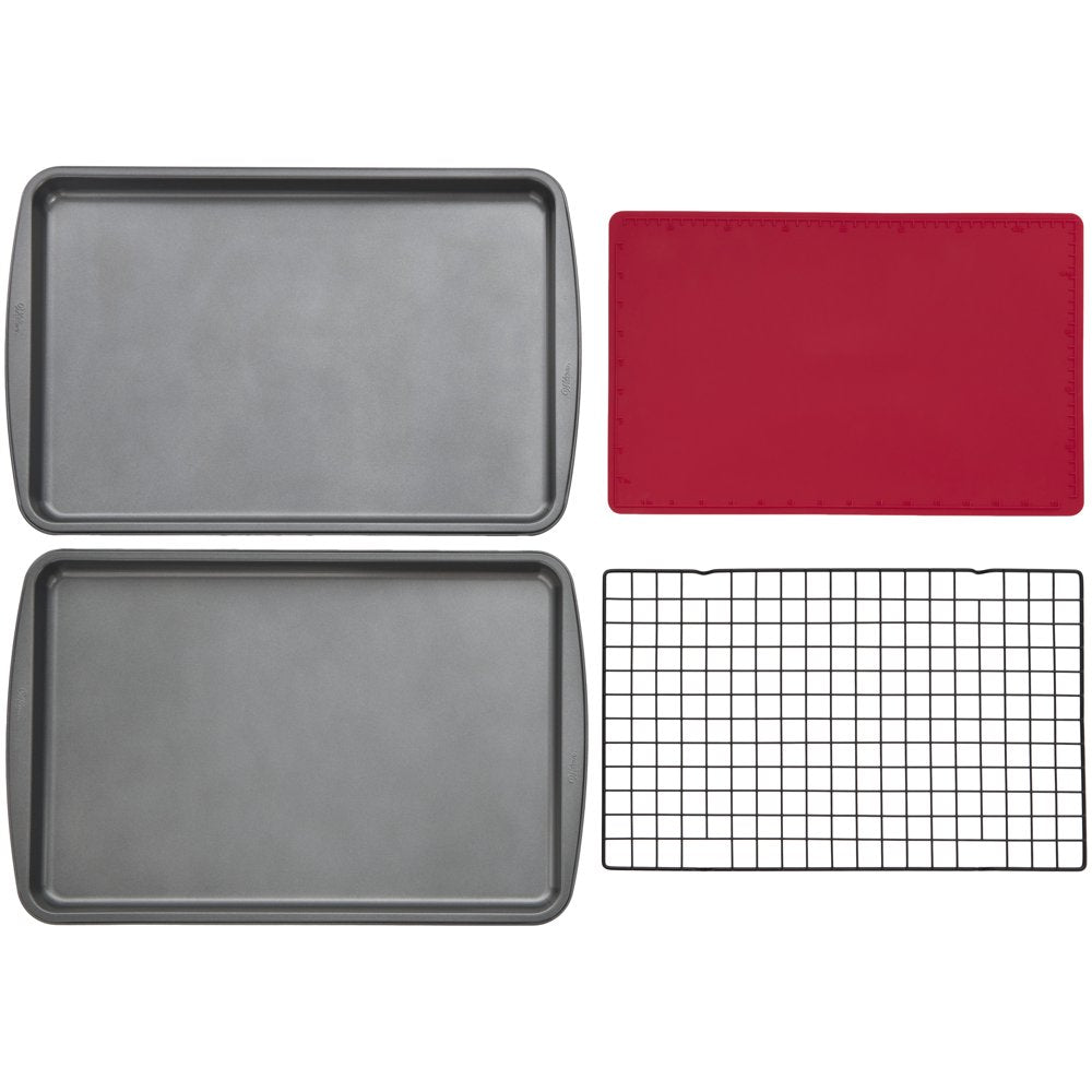 Nonstick Cookie Sheet, Cooling Grid and Silicone Baking Mat Bakeware Set, 4-Piece