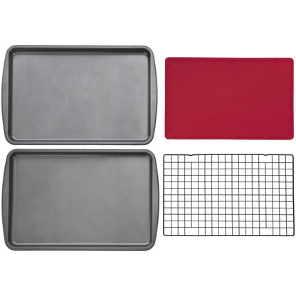 Nonstick Cookie Sheet, Cooling Grid and Silicone Baking Mat Bakeware Set, 4-Piece