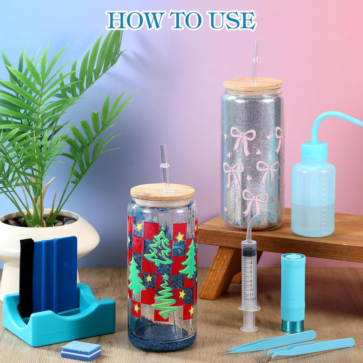Baderke 20 Pcs Snow Globe Tumbler DIY Kit 16 Oz Tumbler Squeeze Bottle, Glitter, Funnel Tweezer Silicone Cup Cradle Measuring Cup Glove Flashlight Buffer for Beginner(Blue,Classic)
