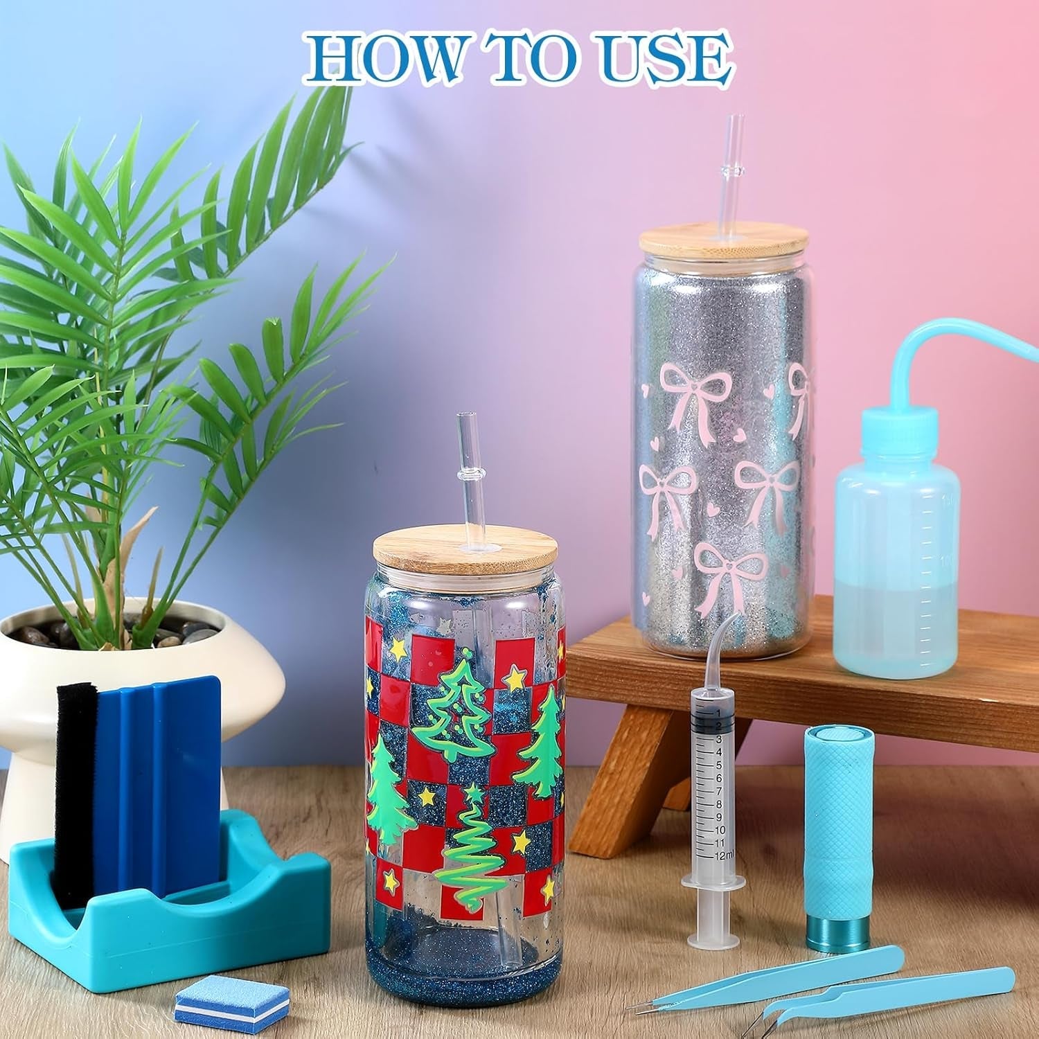 Baderke 20 Pcs Snow Globe Tumbler DIY Kit 16 Oz Tumbler Squeeze Bottle, Glitter, Funnel Tweezer Silicone Cup Cradle Measuring Cup Glove Flashlight Buffer for Beginner(Blue,Classic)