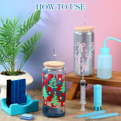 Baderke 20 Pcs Snow Globe Tumbler DIY Kit 16 Oz Tumbler Squeeze Bottle, Glitter, Funnel Tweezer Silicone Cup Cradle Measuring Cup Glove Flashlight Buffer for Beginner(Blue,Classic)