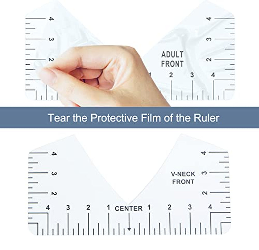 9Pcs Tshirt-Ruler Guide to Center Vinyl, Transparent V-Neck/Round PVC Ruler for Alignment, Heat Press, Children Youth Adult, Front and Back Measurement (10In)