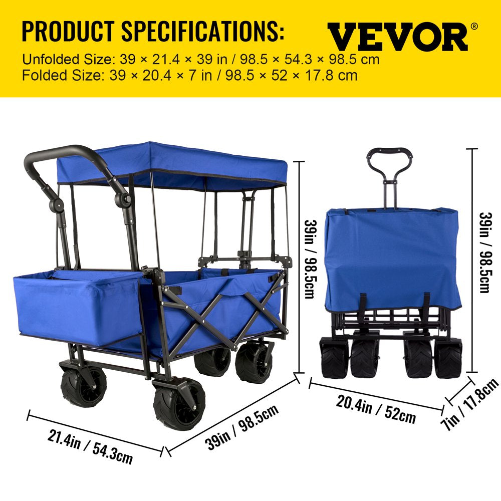 brand Collapsible Wagon Cart Blue, Foldable Wagon Cart Removable Canopy 600D Oxford Cloth, Collapsible Wagon Oversized Wheels, Portable Folding Wagon Adjustable Handles, Beach, Garden, Sports