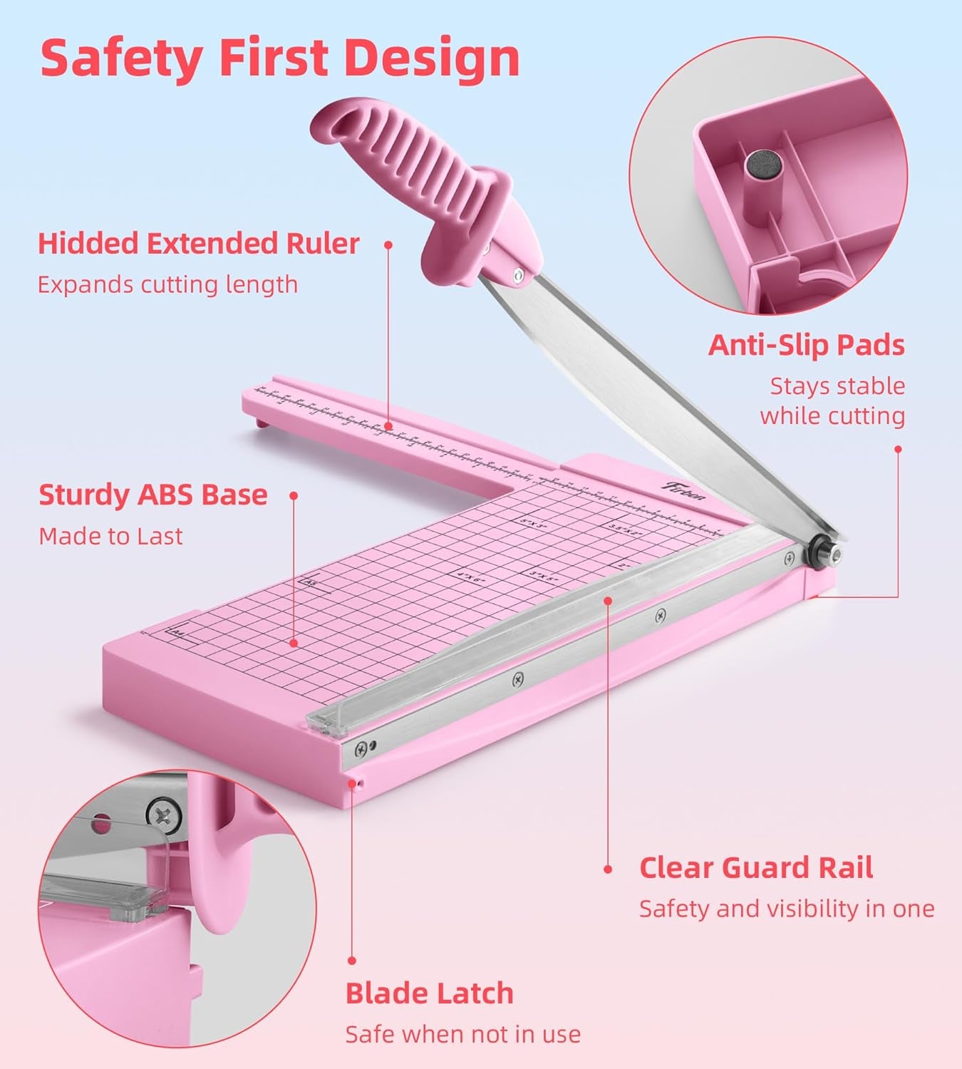 Firbon 12" Guillotine Paper Cutter with Hidden Ruler, Compact Paper Trimmer | 12-Sheet Capacity | Pink | Dual Scales | Paper, Cardstock & Photo Trimming | Scrapbooking Crafts | Office, Home & Studio Use