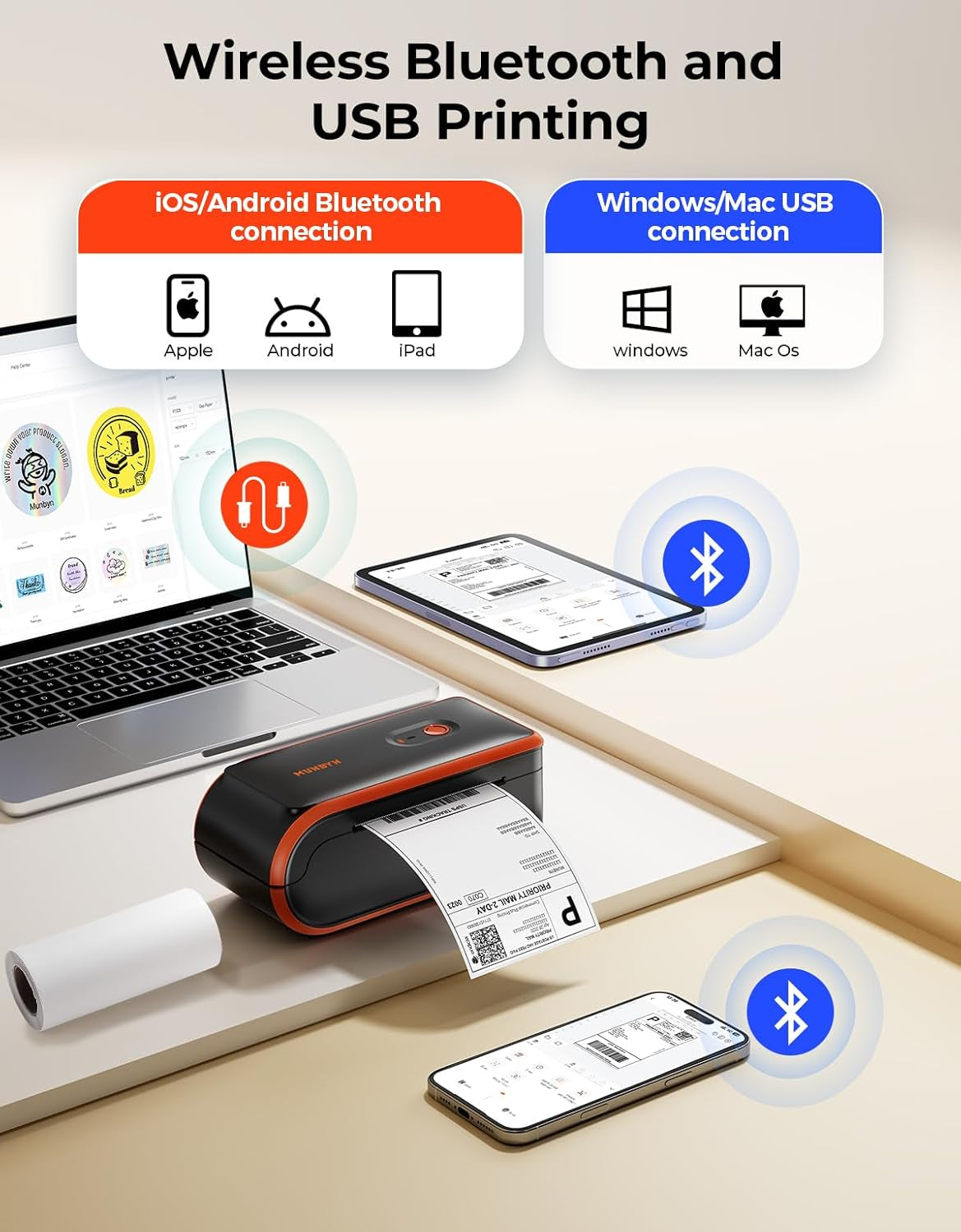 MUNBYN MC240 Bluetooth Thermal Label Printer with Battery, Built-In Paper Bin, Portable Wireless 4×6 Shipping Label Printer, Compatible with Ios, Android, Windows, Mac, Works for Small Business
