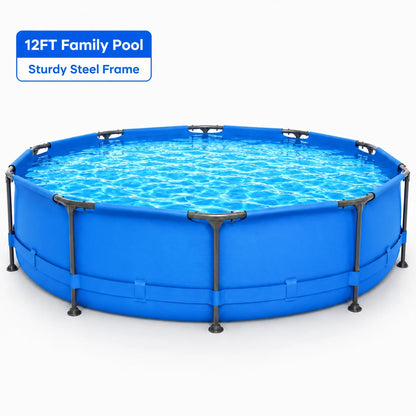 above Ground Swimming Pools, Large round Frame Outdoor Pool W/Sturdy Iron Support for Backyard, Patio & Garden, Easy Setup Family Pool for Kids and Adults Summer Water Fun