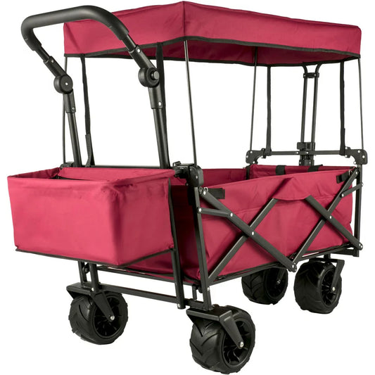 brand Collapsible Wagon Cart Red, Foldable Wagon Cart Removable Canopy 601D Oxford Cloth, Collapsible Wagon Oversized Wheels, Portable Folding Wagon Adjustable Handles, Beach, Garden, Sports