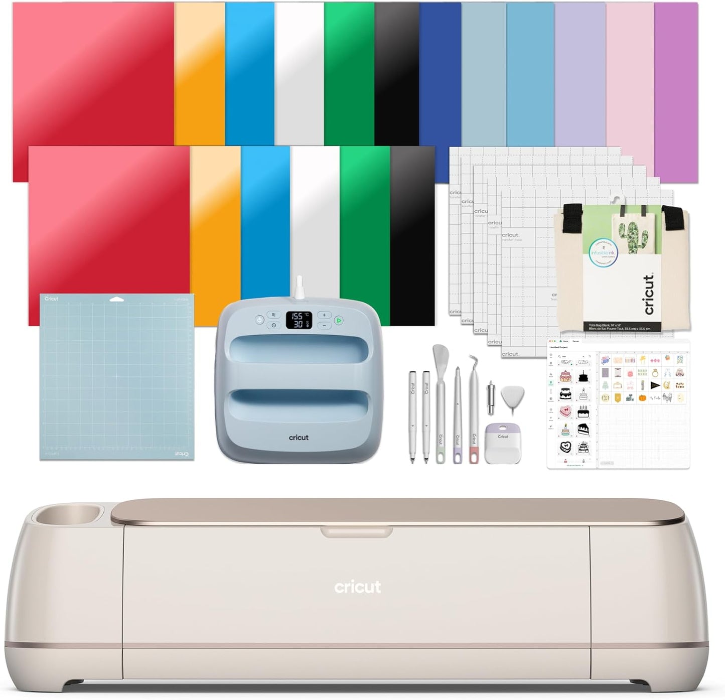 Maker 4 - Smart Cutting Machine (Seashell) | Engagement plus Bundle - Includes Easypress 3 Heat Press (9X9) + Mat, Tote Bag, Material Samplers, Machine Mat, Pens, Tools, & 25 Digital Images