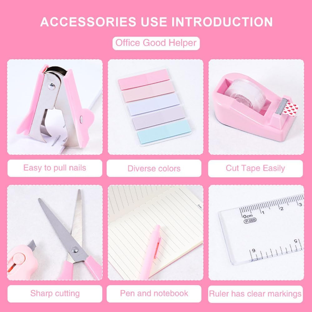 Pink Desk Organizers and Accessories with Desk Organizer 360° Rotating Pen Holder and Office Supplies, 19Pcs Cute Stationery Supplies Set
