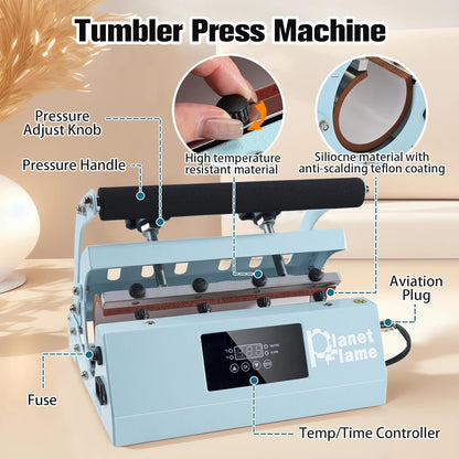 Tumbler and Hat Heat Press Machine, 2-In-1 Combo Machine for Cup and Cap with Gloves and High Temp Heat Resistant Tape for 11Oz-30Oz Sublimation Tumbler and All Caps, Blue