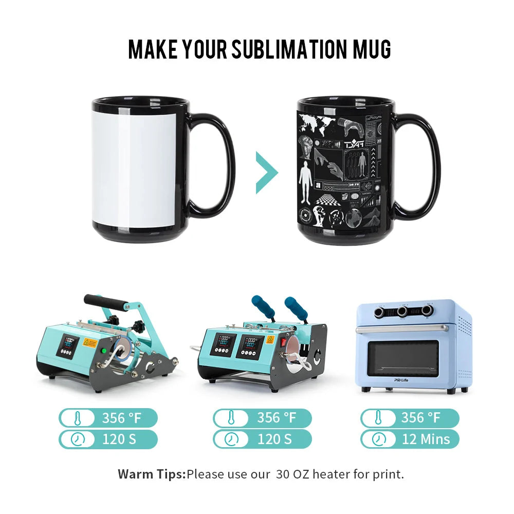 Sublimation Coffee Mugs Blank Black with White Patch 15 OZ 8 Pack