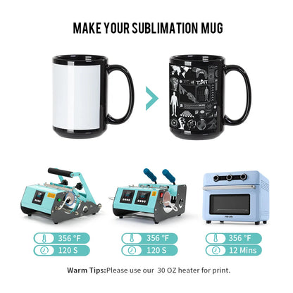 Sublimation Coffee Mugs Blank Black with White Patch 15 OZ 8 Pack