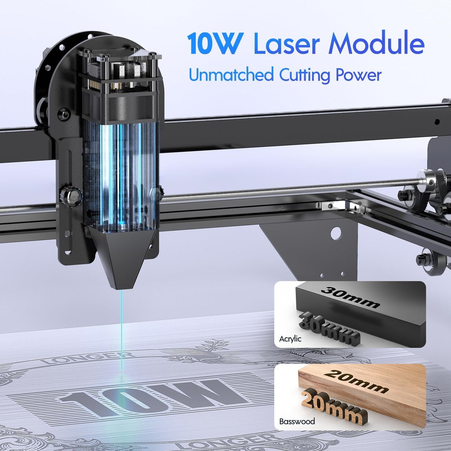 LONGER Ray5 10W Laser Engraver with 3.5" Touch Screen, Offline Use, 24000Mm/Min, 0.06Mm Laser Spot, CNC DIY Engraving Machine for Wood, Metal, Acrylic & Glass, Class 4