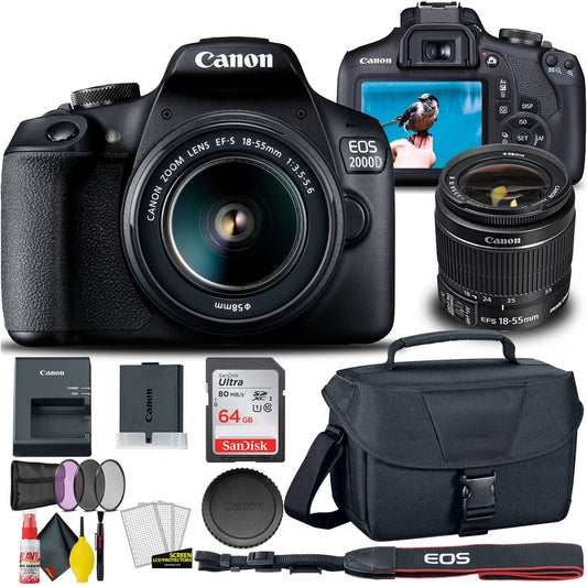 Canon EOS 2000D / Rebel T7 DSLR Camera with 18-55Mm Lens (International Model) Bundle with Filter, Bag & SDXC Memory Card