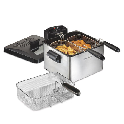 Professional-Style Deep Fryer with 3 Frying Baskets, 4.7 Quart or 19 Cup Oil Capacity, Lid with View Window, Stainless Steel, 35034