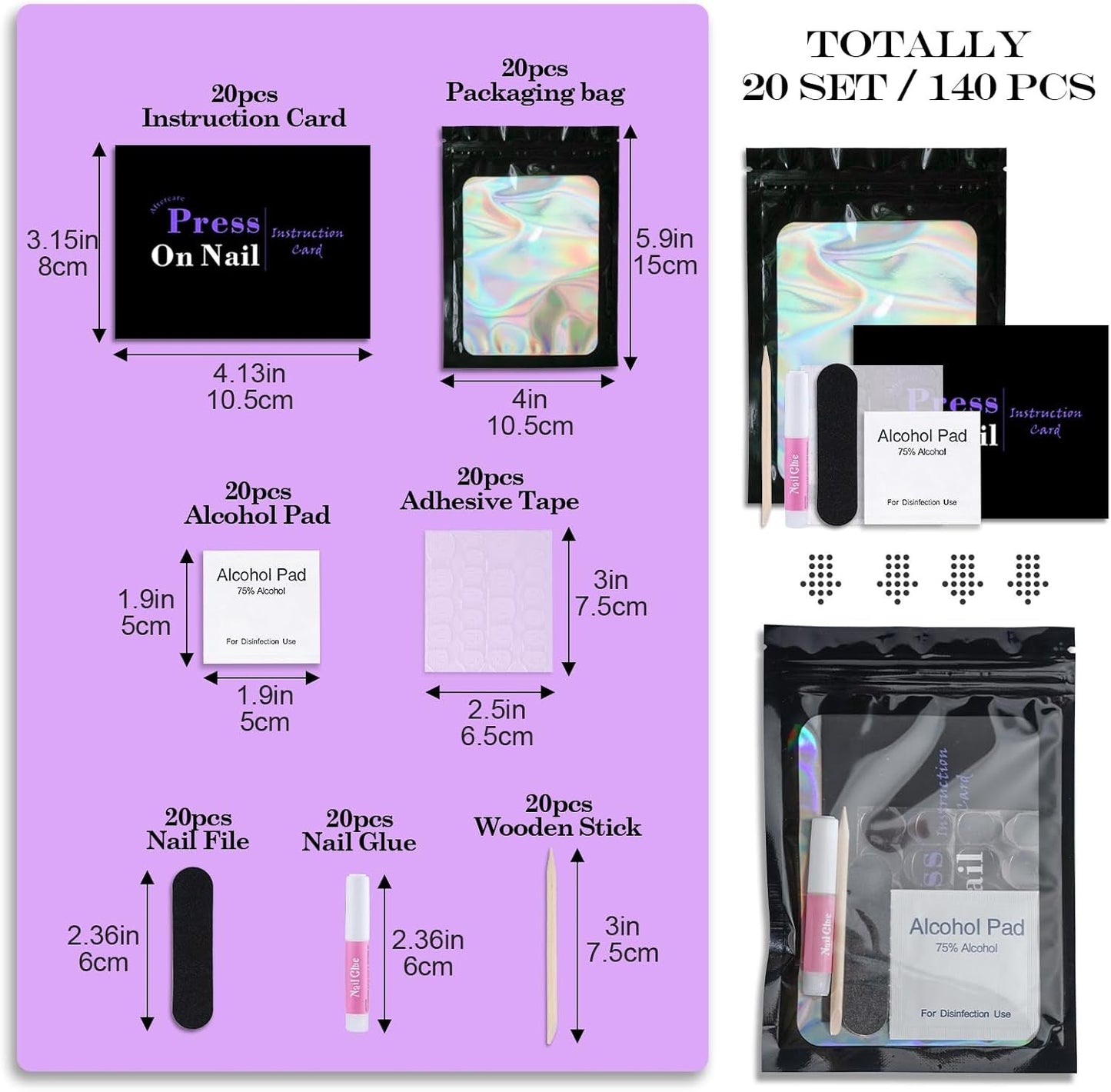 Disposable Nail Supplies Kits,Professional Manicure Press on Nail Tool Kit with Nail File,Adhesive Tabs,Nail Glue,Sticks, Prep Pads,Bags,Cards for Nail Business(Black-140Pcs20Set)