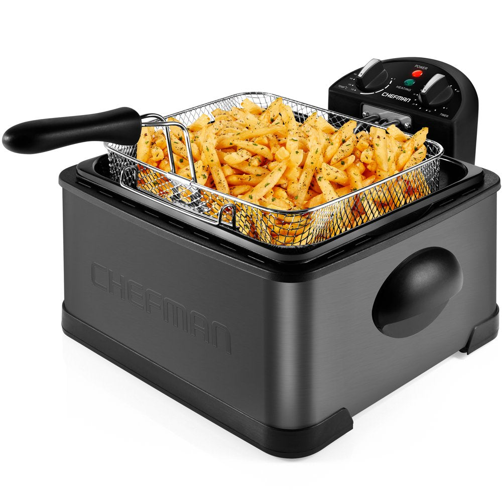 Stainless Steel Deep Fryer, XL 4.5 Liter Capacity, Adjustable Temperature & Timer, Black