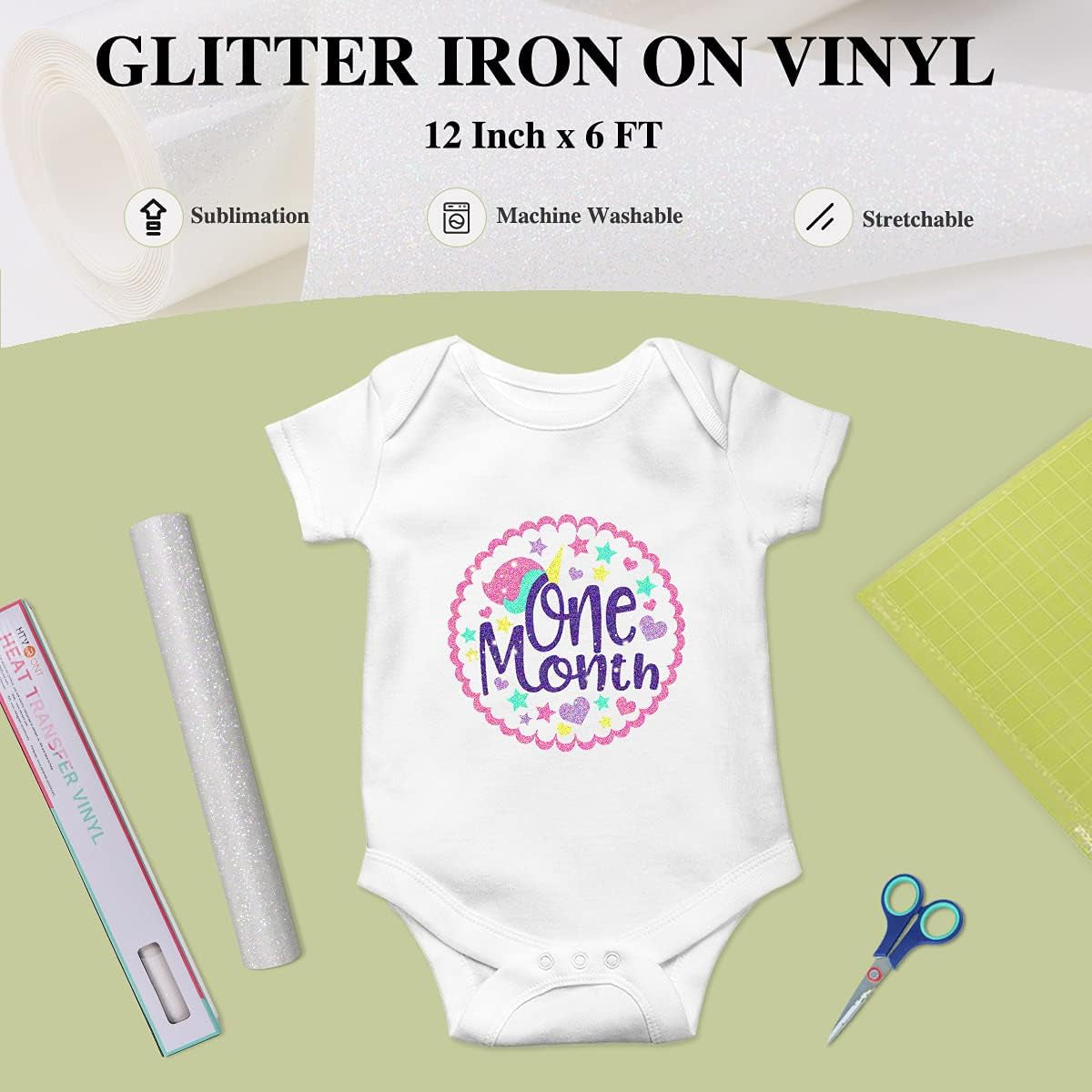 Rainbow White Glitter HTV Vinyl Roll-12" X 6 FT White Glitter Heat Transfer Vinyl Bundle, White Glitter Iron on Vinyl for All Cutting Machines