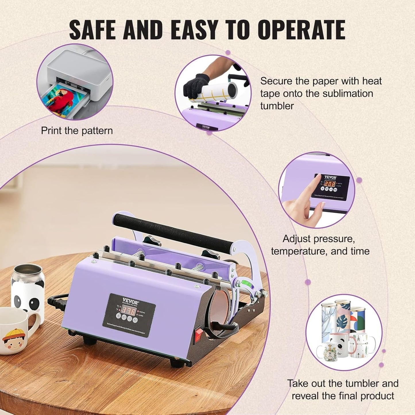 VEVOR Tumbler Heat Press Machine, 11-30Oz Mug Press, Heat up Fast and Even, Tumbler Press with Sublimation Paper, Tape and Gloves, Temp and Time Setting, for Sublimation Tumblers, Cups, Mugs, Purple