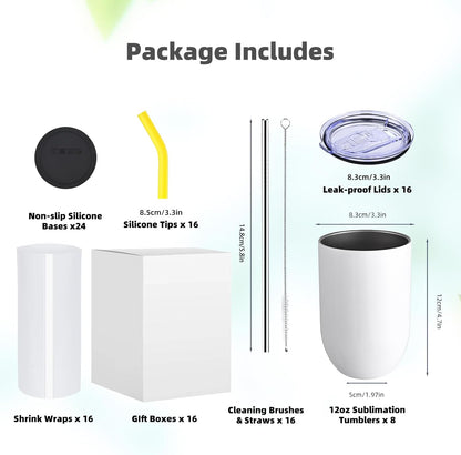 Colorsub Sublimation Straight Wine Tumblers 12Oz, 16 Pack Stainless Steel Double Wall Sublimation Blanks Wine Cups with Lids & Straws, Brush, Shrink Wrap, Silicone Straw Tips, Gift Box