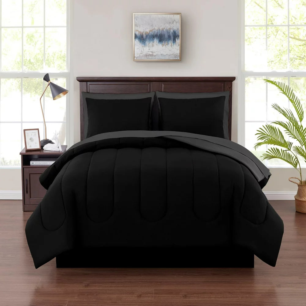 Black Reversible 7 Piece Bed in a Bag Comforter Set with Sheets, Queen