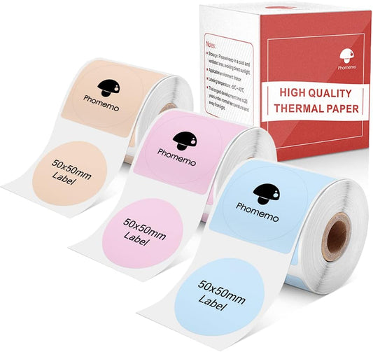 Phomemo M110 round Labels, Self-Adhesive Thermal Label Stickers Compatible with M110 M120 M200 M220 M221 M150 M250 M260 M108 M100 Label Printer, Black Text on Color, 1.96" X1.96 (50X50Mm), 3/Rolls