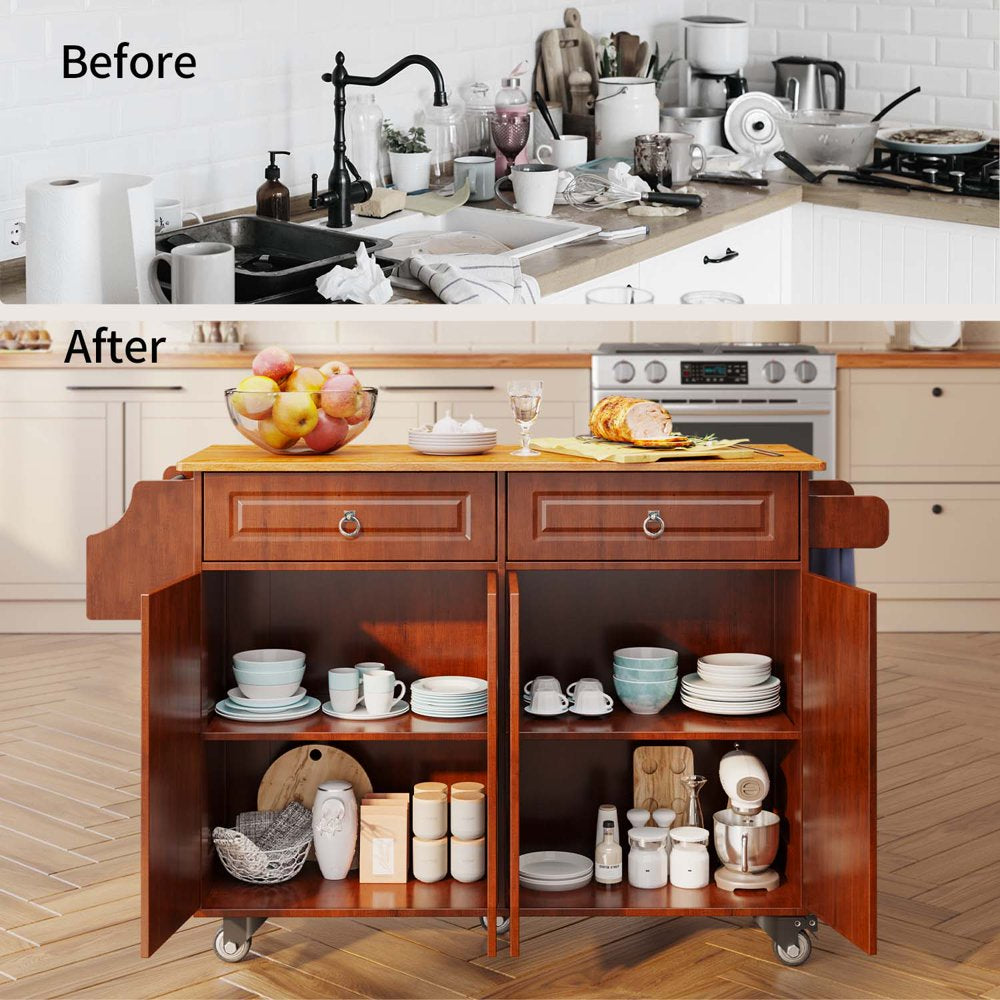 Kitchen Islands with Storage, Kitchen Island Cart with Wood Drop Leaf and Lockable Wheels, Brown