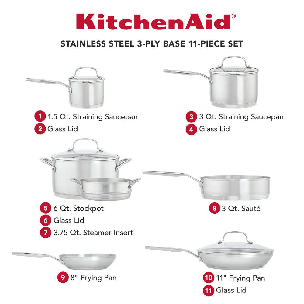 3-Ply Base Stainless Steel Cookware Set, 11-Piece, Brushed Stainless Steel