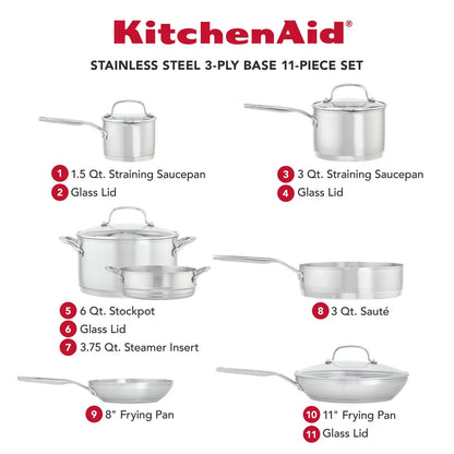 3-Ply Base Stainless Steel Cookware Set, 11-Piece, Brushed Stainless Steel