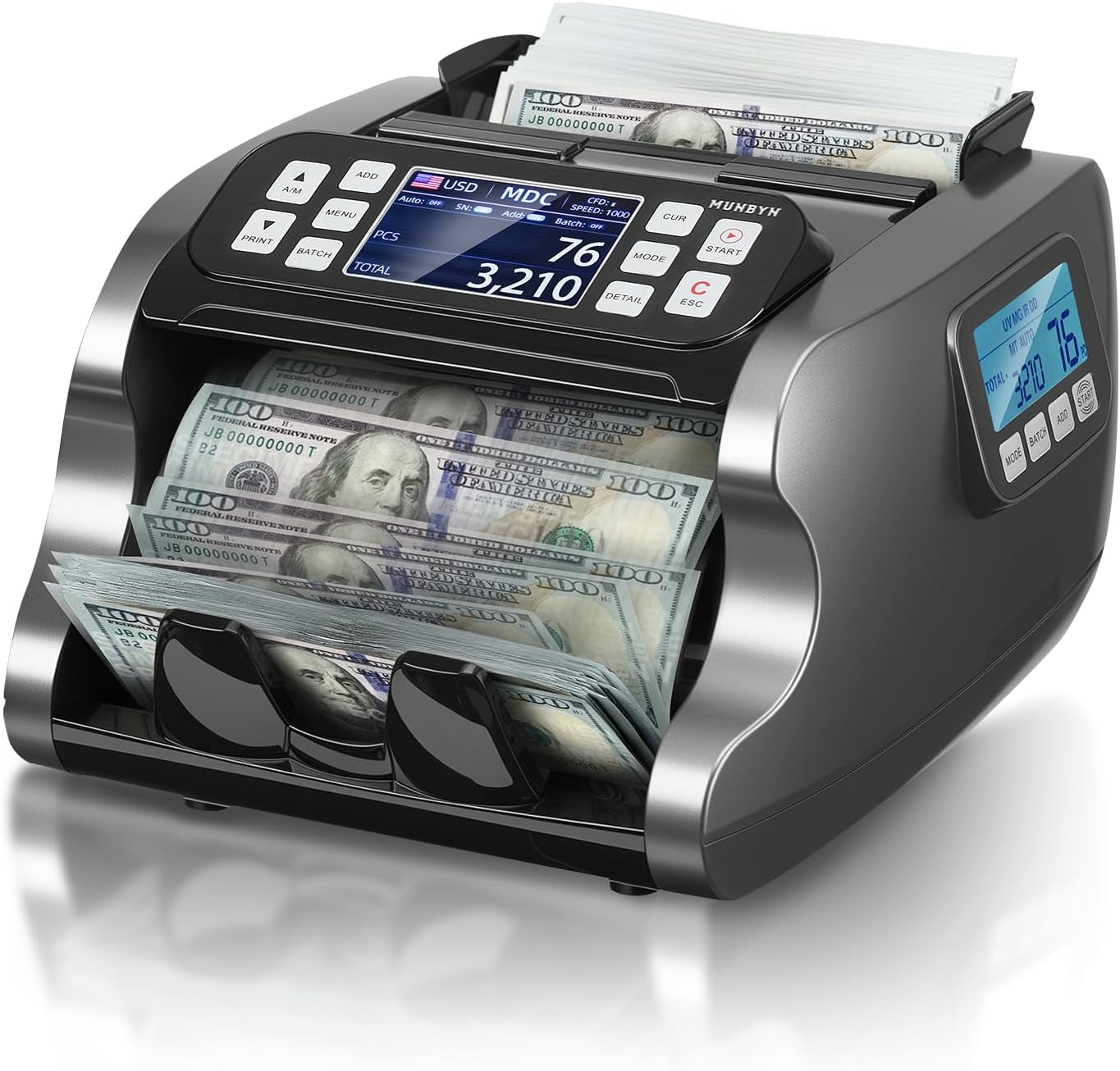 MUNBYN IMC22 Money Counter Machine Mixed Denomination, Dual-Display, CIS/UV/IR/MG Counterfeit Detection Bill Counter, USD, MXN, COP, CAD Cash Counter for Business, Merchant, 2Y Protect (Black)