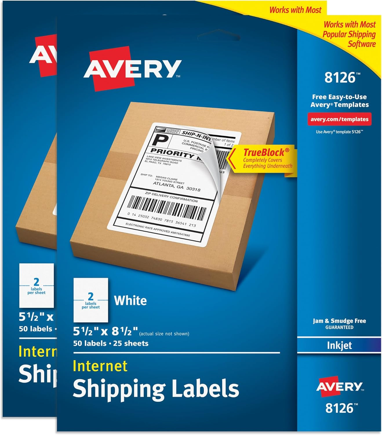 Half-Sheet Printable Shipping Labels, 5.5" X 8.5" Customizable Stickers, White, 50 per Pack, 100 Blank Mailing Labels Total, Great for Mailing, Shipping, Organizing, and More (2-Pack of 8126)