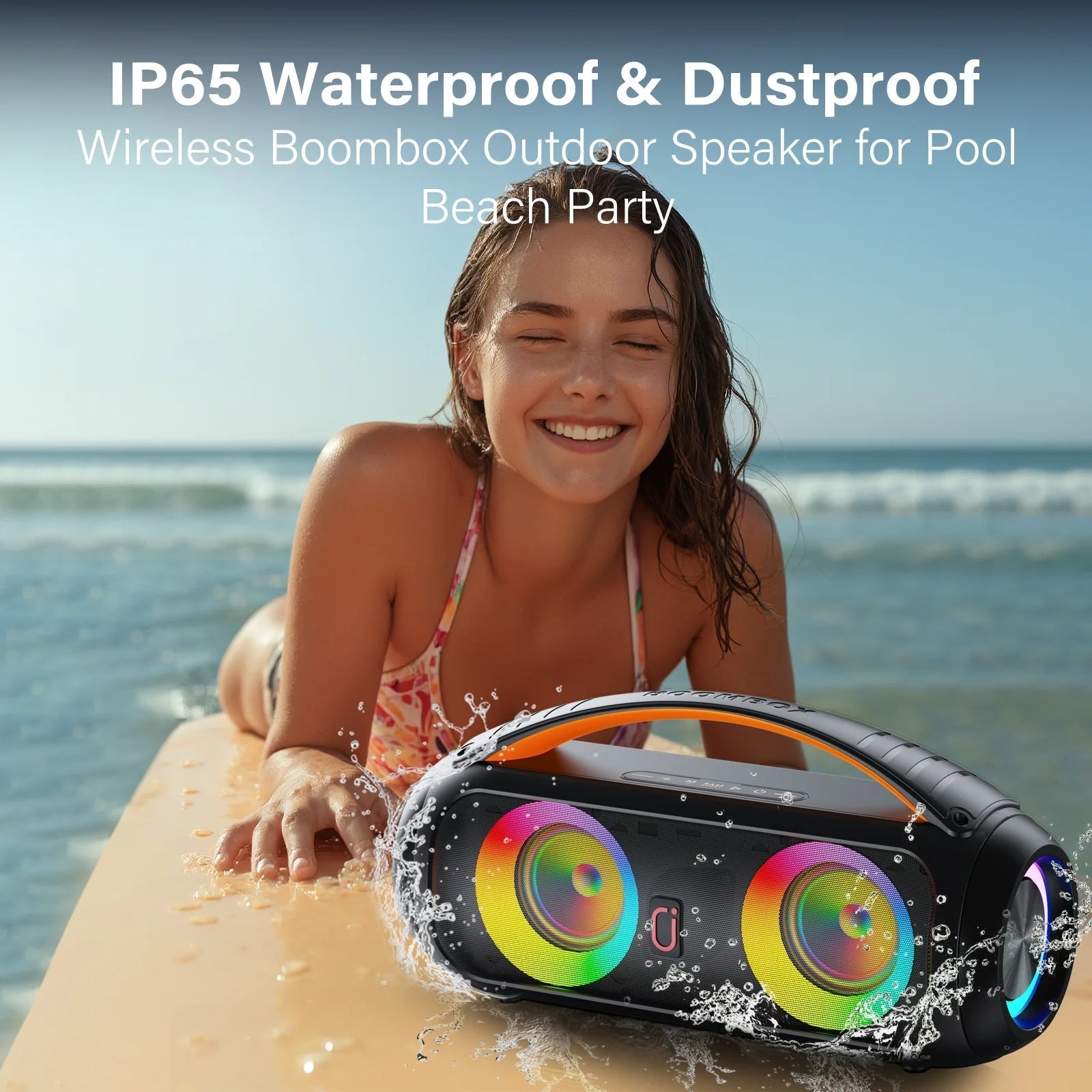 Waterproof Bluetooth Speaker, 40W Stereo Deep Bass, Portable Boombox Party Speaker, Remote Control, D16