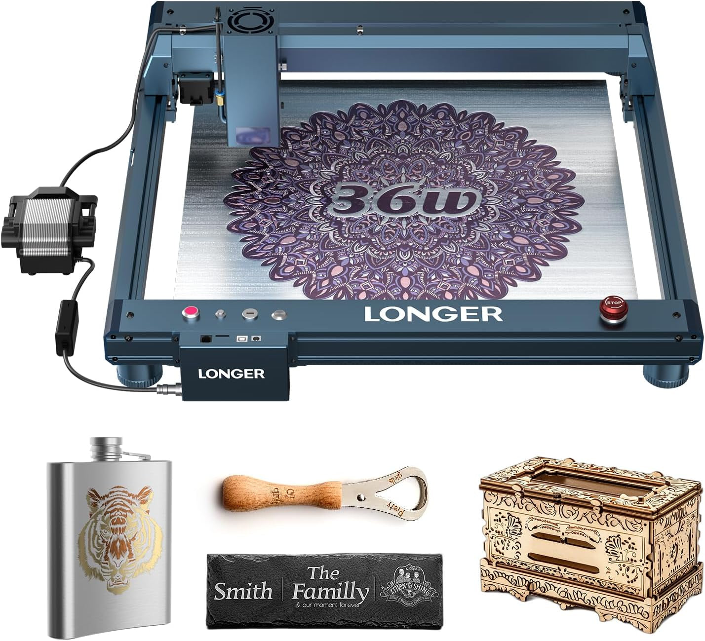 Longer Laser B1 Laser Engraver and Cutter, 36000 Mm/Min Speed, B1 36W Laser Engraver with Automated Air Assist, DIY, CNC Machine for Wood, Metal, Acrylic, Glass, Leather, Paper, Etc.