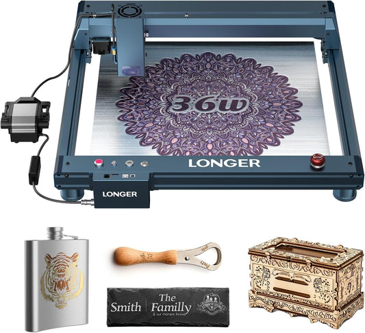Longer Laser B1 Laser Engraver and Cutter, 36000 Mm/Min Speed, B1 36W Laser Engraver with Automated Air Assist, DIY, CNC Machine for Wood, Metal, Acrylic, Glass, Leather, Paper, Etc.