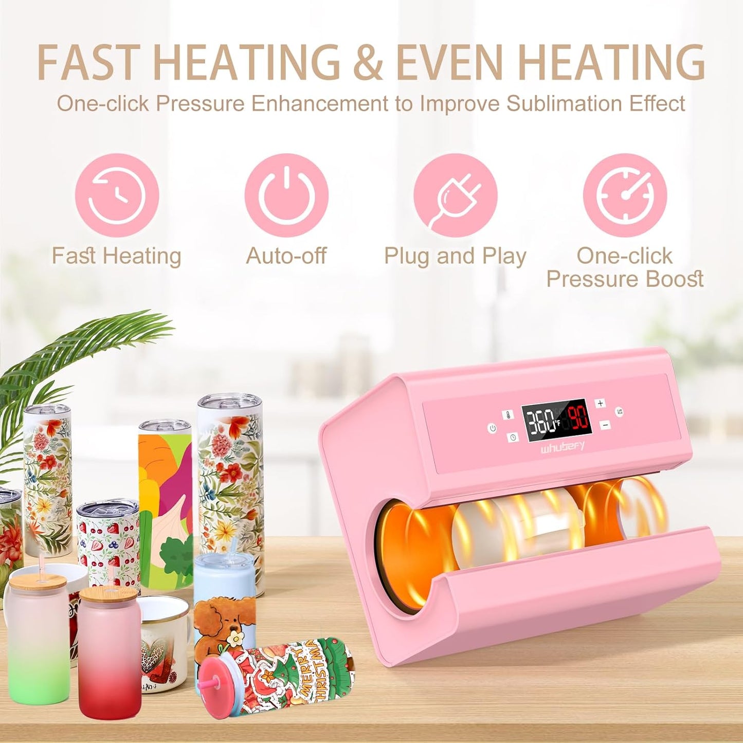 Whubefy Auto Tumbler Heat Press Machine, Pink Mug Heat Press for 10-30Oz 2.9-3.34 Inch Heating Even & Fast, Pro Tumbler Press Machine with Starter Kit, Sublimation for Tumbler, Glass Jar, Can & Mugs
