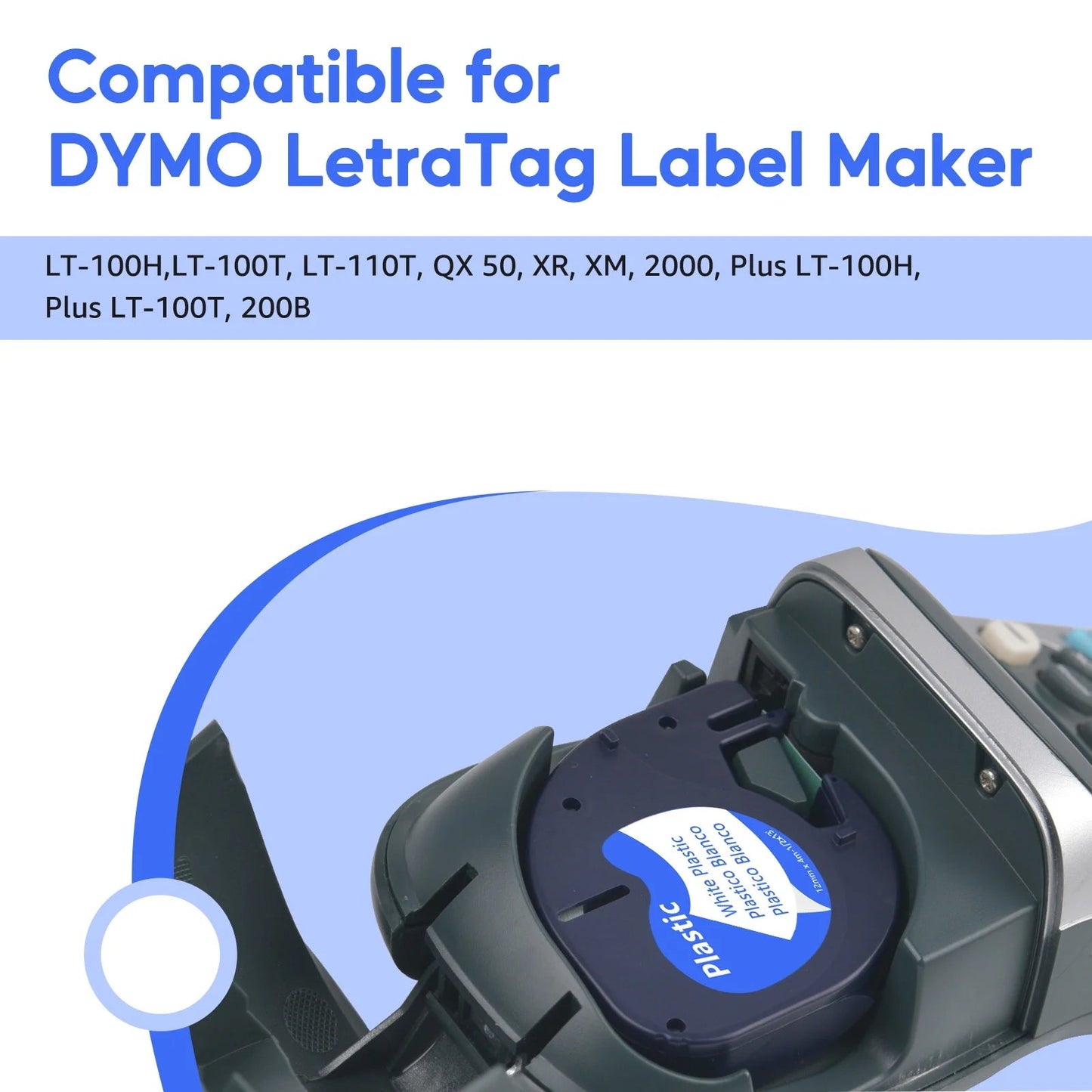 4PK 12Mm 4M Black on White Plastic Label Tape Compatible for Dymo 91331 91201 91221 59422 S0721660 Letratag Printer
