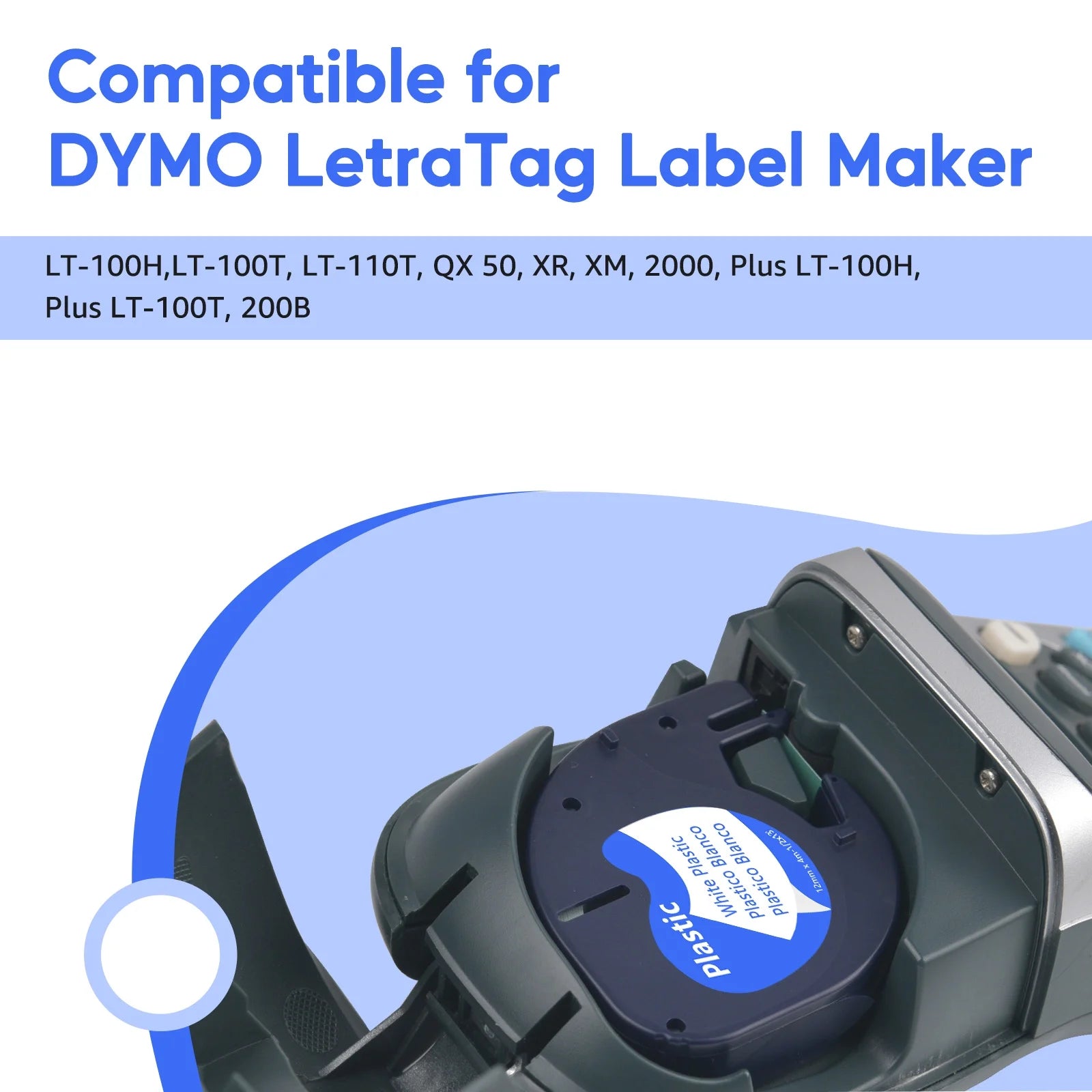 4PK 12Mm 4M Black on White Plastic Label Tape Compatible for Dymo 91331 91201 91221 59422 S0721660 Letratag Printer