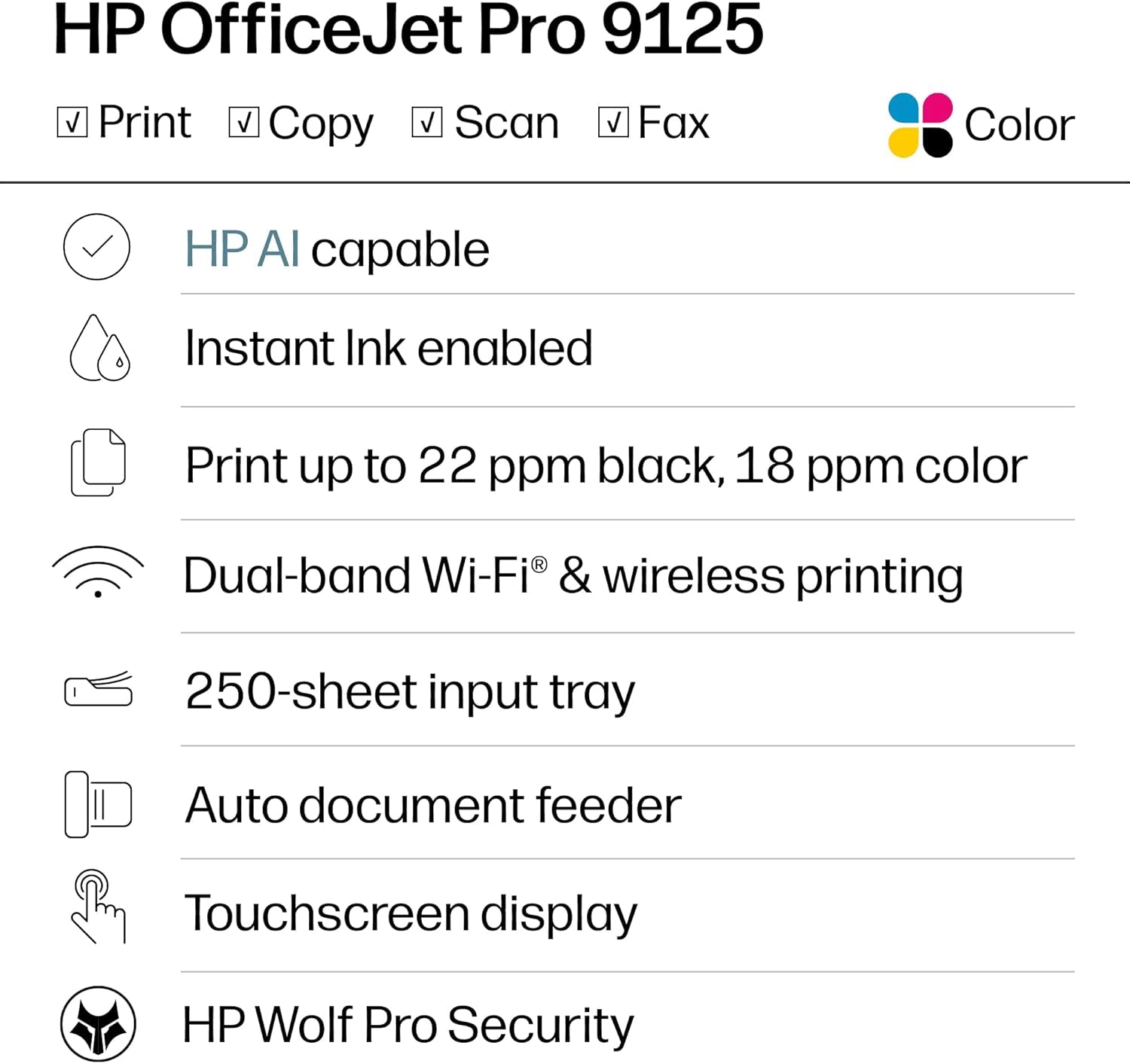 HP Officejet Pro 9125 Wireless All-In-One Color Inkjet Printer, Print, Scan, Copy, Fax, ADF, Duplex Print/Scan, Best-For-Office, 3 Month Trial of Instant Ink Included, Ai-Capable (C2VZ0A)