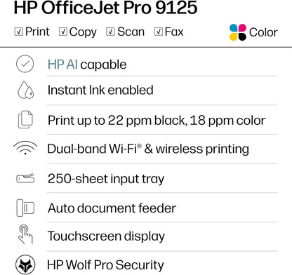 HP Officejet Pro 9125 Wireless All-In-One Color Inkjet Printer, Print, Scan, Copy, Fax, ADF, Duplex Print/Scan, Best-For-Office, 3 Month Trial of Instant Ink Included, Ai-Capable (C2VZ0A)