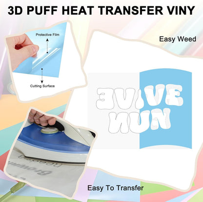 4 Sheets 3D Puff Vinyl Heat Transfer 12X3.4 Inch Puff Vinyl Heat Transfer Light Blue Foaming HTV Sheets Iron-On for T-Shirts/Diy Fabric