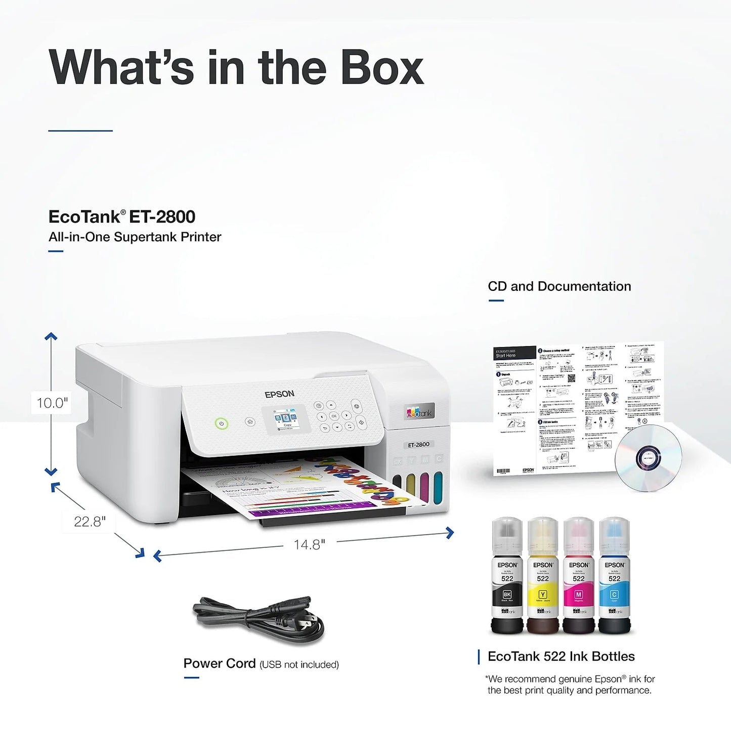 Ecotank ET-2800 Wireless Color All-In-One Cartridge-Free Supertank Printer with Scan and Copy ? the Ideal Basic Home Printer - White