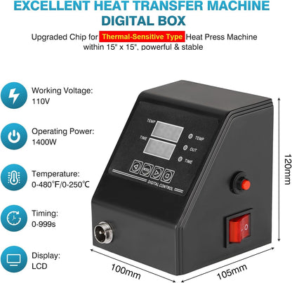 Thermal Sensitive Type Heat Press Machine Digital Control Box, 110V 1400W Heat Press Control Box Replacement with Temperature & Timing Dual Display for 15”X15” Thermal Heat Press Machine