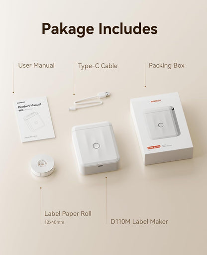 Label Maker Machine Bluetooth Label Printer for School Home Office Organization, Wireless Mini Labeler D110 Upgraded Version, Label Machine with Label, White