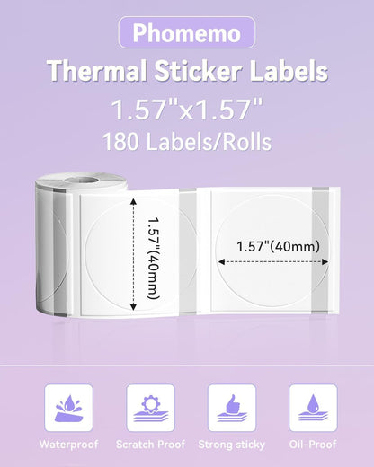 Phomemo Labels- 3 Rolls Clear Circle Label- M110/M220/M221/M120/M200 Transparent Thermal Paper 1.57"X1.57"(40X40Mm)- round Sticker Label for Logo/Barcode/Stickers/Address Labels