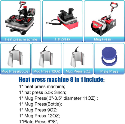 8 in 1 Heat Press Machine Professional Sublimation Machine 15" X 12" Swing Away Shirt Printing Heat Transfer Digital Industrial-Quality Heat Press Machine for T Shirts Mug Hat Plate